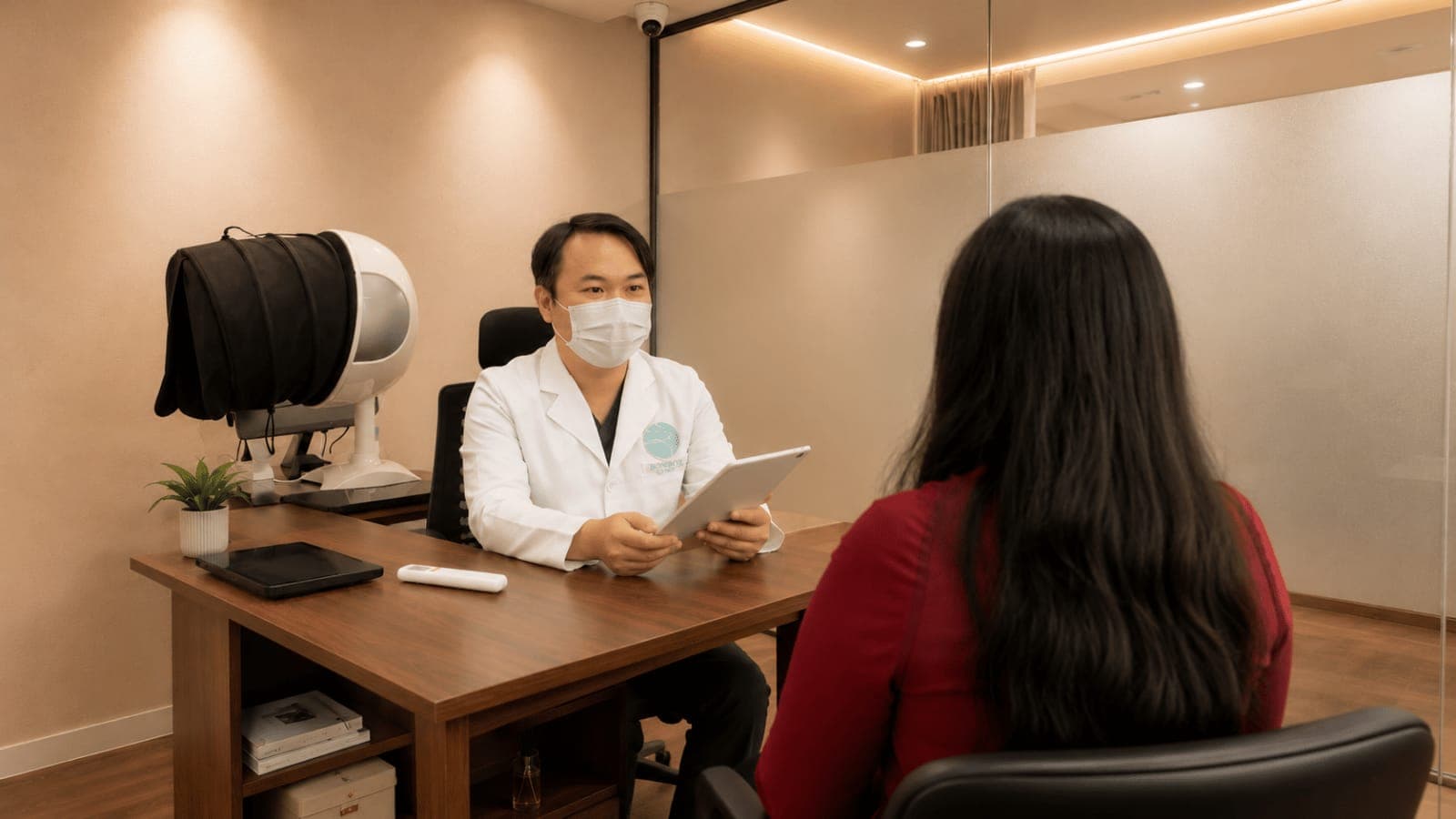 Bác sỹ BonBoz Clinic soi da cho khách hàng trước điều trị